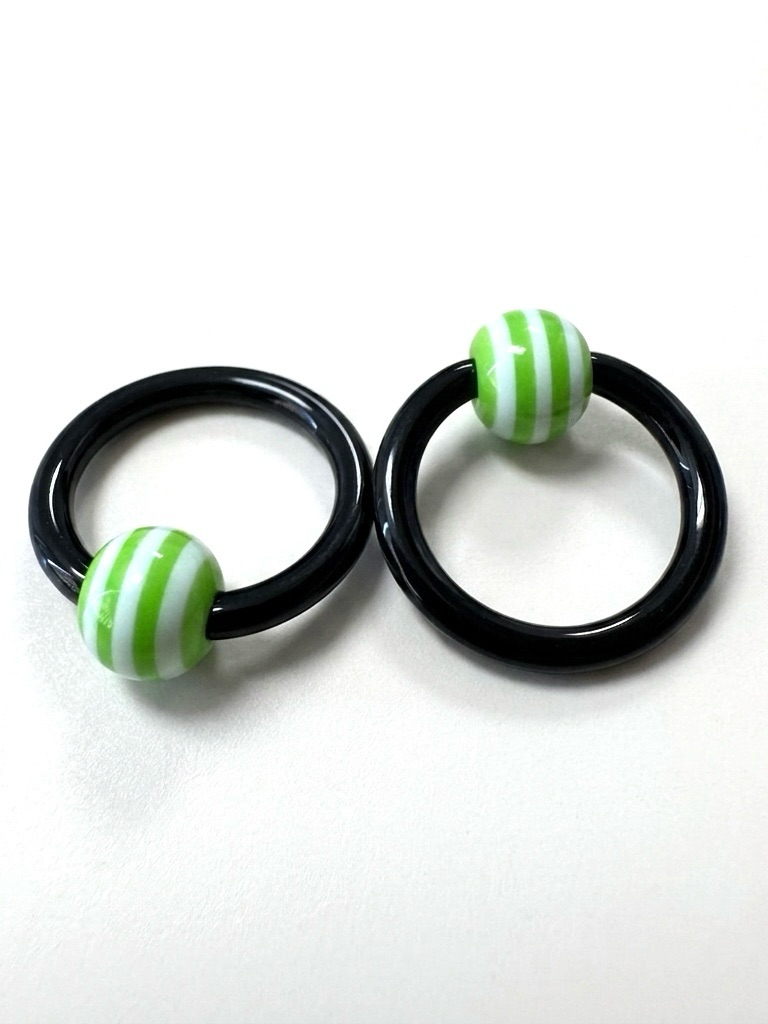 12g 716 Captive Bead Ring Pair Black Green Striped Acrylic Body Jewelry Rings